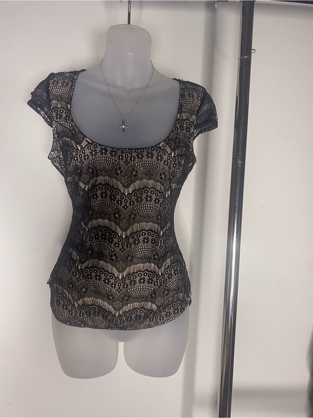bebe made in USA Black Lace Overlay Scoop Neck Top with Cream Underlay